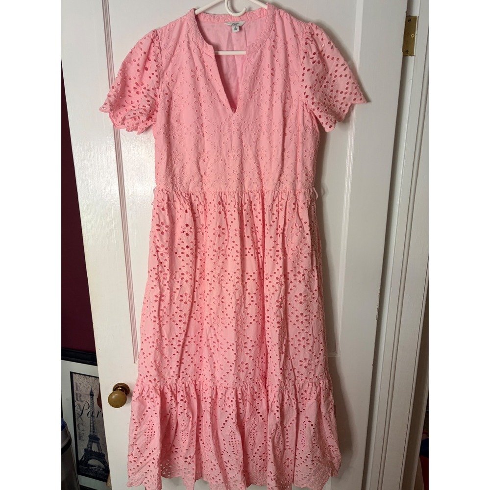 Crown & Ivy Pink Eyelet Midi Dress V-Neck Tiered Short Sleeve Summer Dress 8